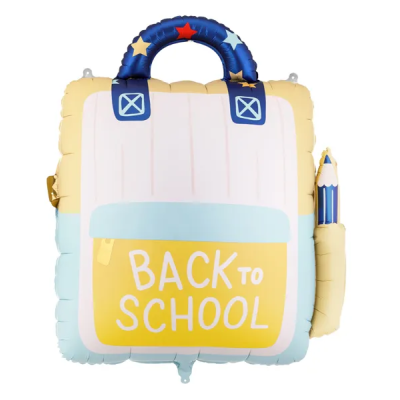 Balão decorativo em forma de mochila escolar com texto BACK TO SCHOOL
