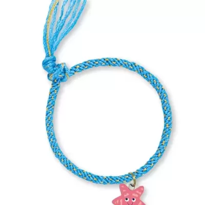 Pulseira azul com fio dourado e pendente estrela-do-mar rosa sorridente