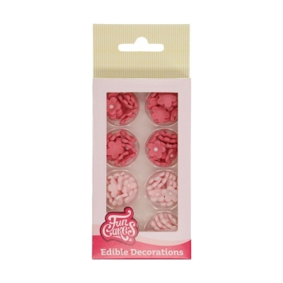 Pacote de decorações comestíveis Fun Cakes em tons de rosa com flores pequenas.