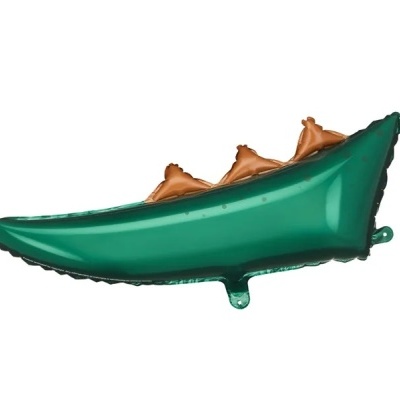 Balão metálico verde em forma de vagem de ervilha com três protuberâncias castanhas