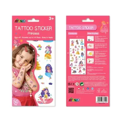 Tatuagens temporárias Princess Avenir coloridas para crianças em embalagem rosa com imagem de criança aplicadas