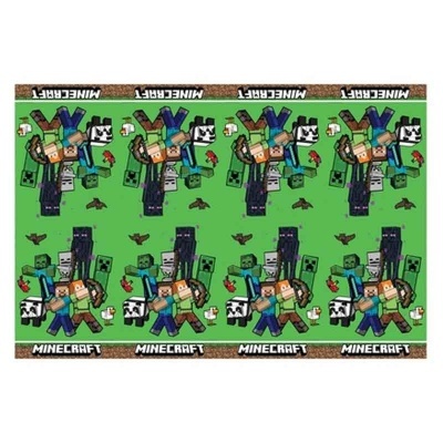 Tapete verde com personagens e animais Minecraft e texto MINECRAFT na borda