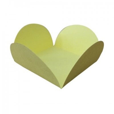 Caixa amarela de cartão com bordas arredondadas aberta em forma de flor