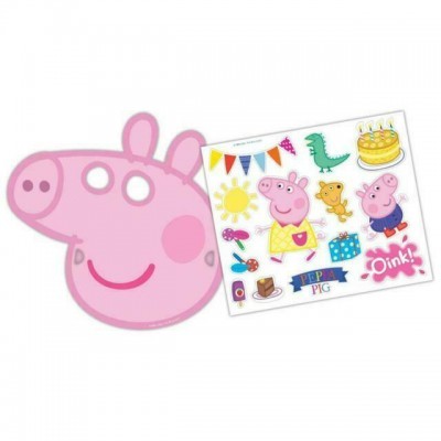 Máscara de porco rosa com autocolantes variados da personagem Pepe Pig.