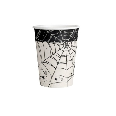 Copo de papel com desenho de teia de aranha preto e branco