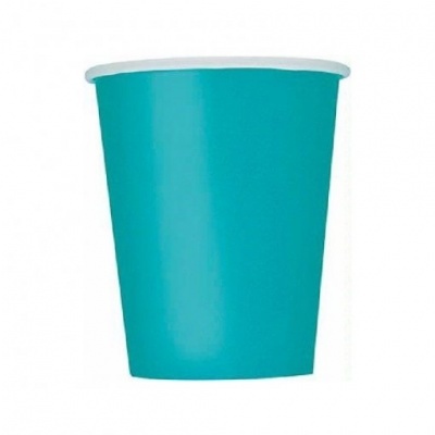 Copo de papel azul turquesa com borda branca