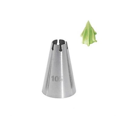 Bico de decoração de bolos em metal prateado com o número 105 gravado e glacê verde