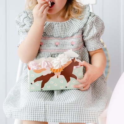 Criança com vestido xadrez e caixa decorativa com ilustração de cavalo e menina.