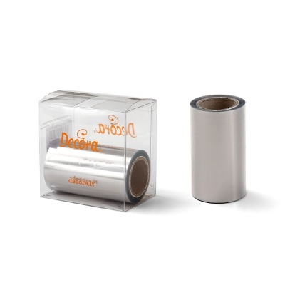 Bobinas de papel de prata com embalagem transparente e texto Decora