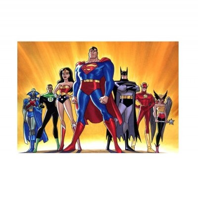 Sete super-heróis ilustrados em fundo luminoso alaranjado