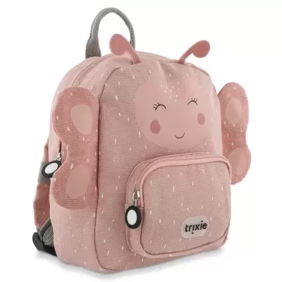 Mochila infantil cor-de-rosa com asas e rosto sorridente