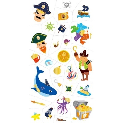 Ilustrações coloridas de temas de pirata, com personagens, mapas, tesouro e animais marinhos.