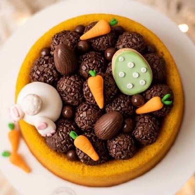 Bolo decorado com brigadeiros, cenouras de pasta de açúcar e ovos de chocolate