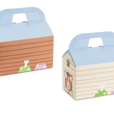 Duas caixas de cartão com alças e desenhos de cães