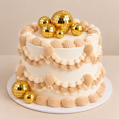 Bolo redondo decorado com creme branco e bege e bolas douradas decorativas