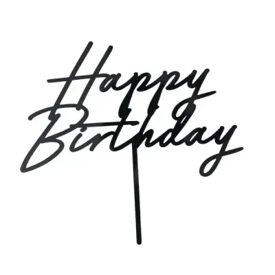 Topo de bolo preto com texto Happy Birthday em acrílico