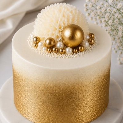 Bolo redondo com cobertura creme e dourado, decorado com flor creme e bolinhas douradas e peroladas no topo