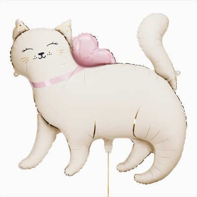 Balão em forma de gato branco com asas cor-de-rosa e laço