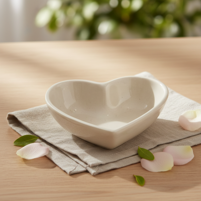 Prato de cerâmica branco em forma de coração sobre guardanapo com pétalas e folhas.