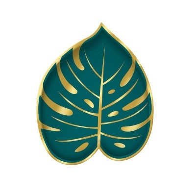 Prato decorativo em forma de folha verde e dourada