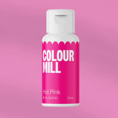 Frasco pequeno branco com rótulo fúcsia 'COLOUR MILL Hot Pink OIL BLEND 20mL' e tampa branca