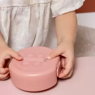 Caixa redonda rosa de plástico com desenho de borboleta nas mãos de uma criança com camisa clara.