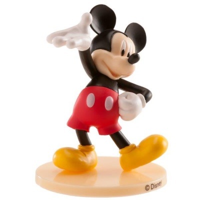 Figura de plástico do Mickey Mouse com calções vermelhos e sapatos amarelos sobre base translúcida