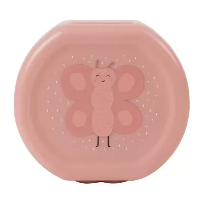 Caixa de plástico rosa com desenho de borboleta rosa.