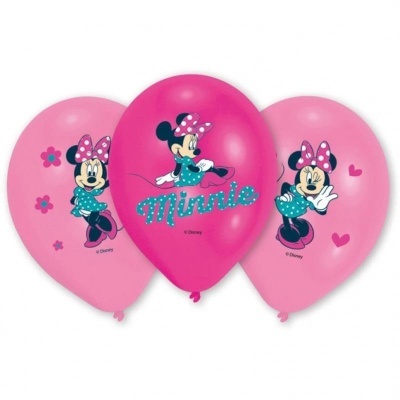 Três balões cor-de-rosa com estampas da Minnie da Disney em fundo branco