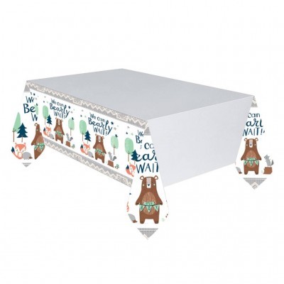 Toalha de mesa de plástico branca com padrão de ursos e texto decorativo