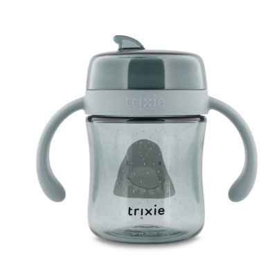 Copo de transição infantil cinzento transparente com duas pegas e tampa com bico