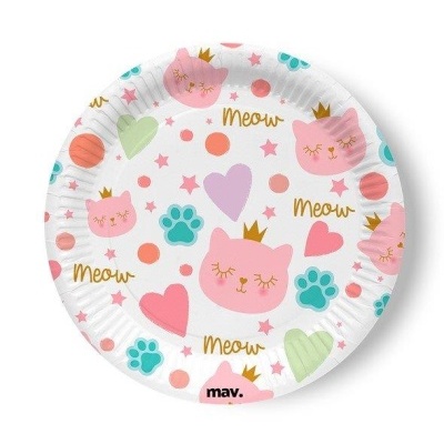 Prato de papel decorado com padrão de gatos, corações, patas e texto meow