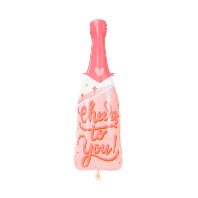 Balão decorativo formato garrafa cor-de-rosa com texto Cheers to You!