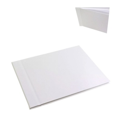 Livro branco de capa dura visto de frente e detalhe do canto superior