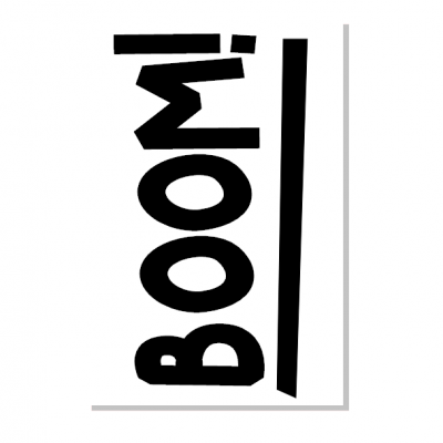 Cartaz branco com a palavra 'BOOM!' em letras negras