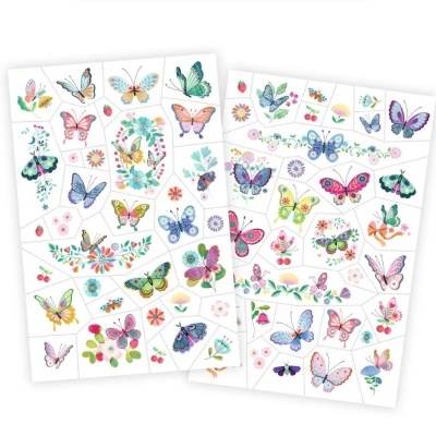 Folhas de autocolantes com borboletas coloridas e flores