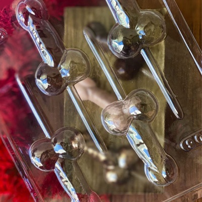 Moldes de silicone transparentes em forma de ossos sobre fundo vermelho e madeira