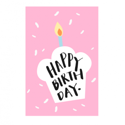 Cartão de aniversário cor-de-rosa com vela desenhada e texto 'HAPPY BIRTHDAY.'