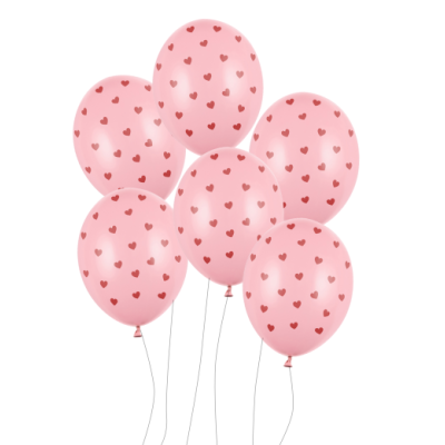 Seis balões cor-de-rosa com pequenos corações vermelhos
