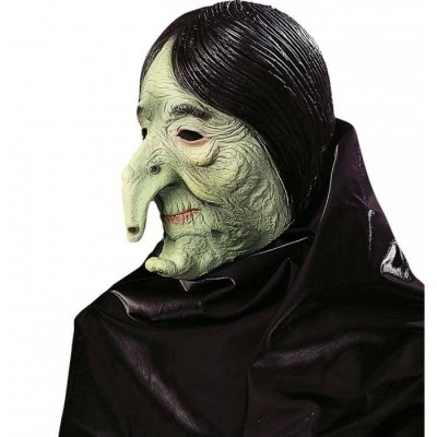 Máscara de bruxa verde com nariz longo e capa preta