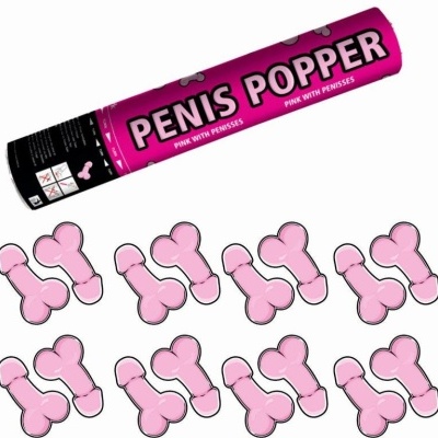 Embalagem rosa cilíndrica e confetes em forma de pénis cor-de-rosa