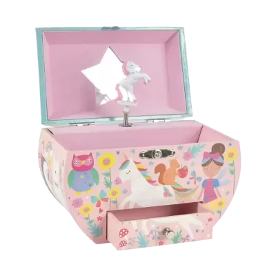 Caixa de música rosa com desenho de coruja, unicórnio, menina e cavalo branco e interior rosa com espelho em forma de estrela.
