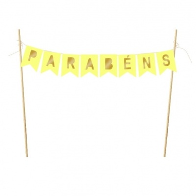 Bandeirolas amarelas com a palavra PARABÉNS para decoração de festa