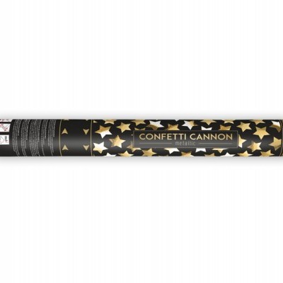 Cartucho metálico preto e dourado com estrelas e texto CONFETTI CANNON