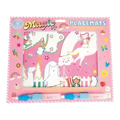 Pack de placemats mágicos cor-de-rosa com desenhos de personagens e duas canetas de água azuis