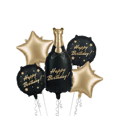 Balões de aniversário em dourado e preto com frases Happy Birthday! e formatos de estrela e garrafa