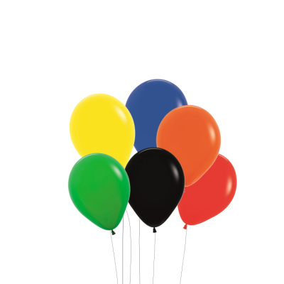 Seis balões coloridos em várias cores sobre fundo branco