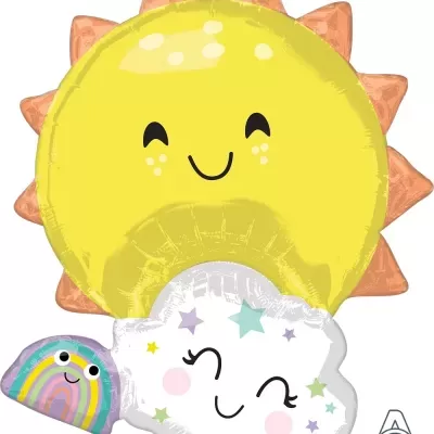 Balão decorativo com sol, nuvem e arco-íris sorridentes
