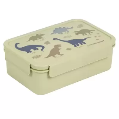 Caixa creme com tampa decorada com dinossauros e texto