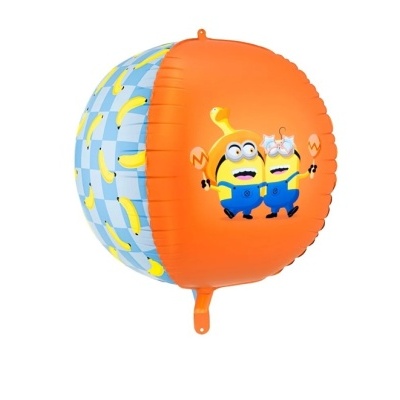 Balão quadrado com estampa de Minions e padrão de bananas.